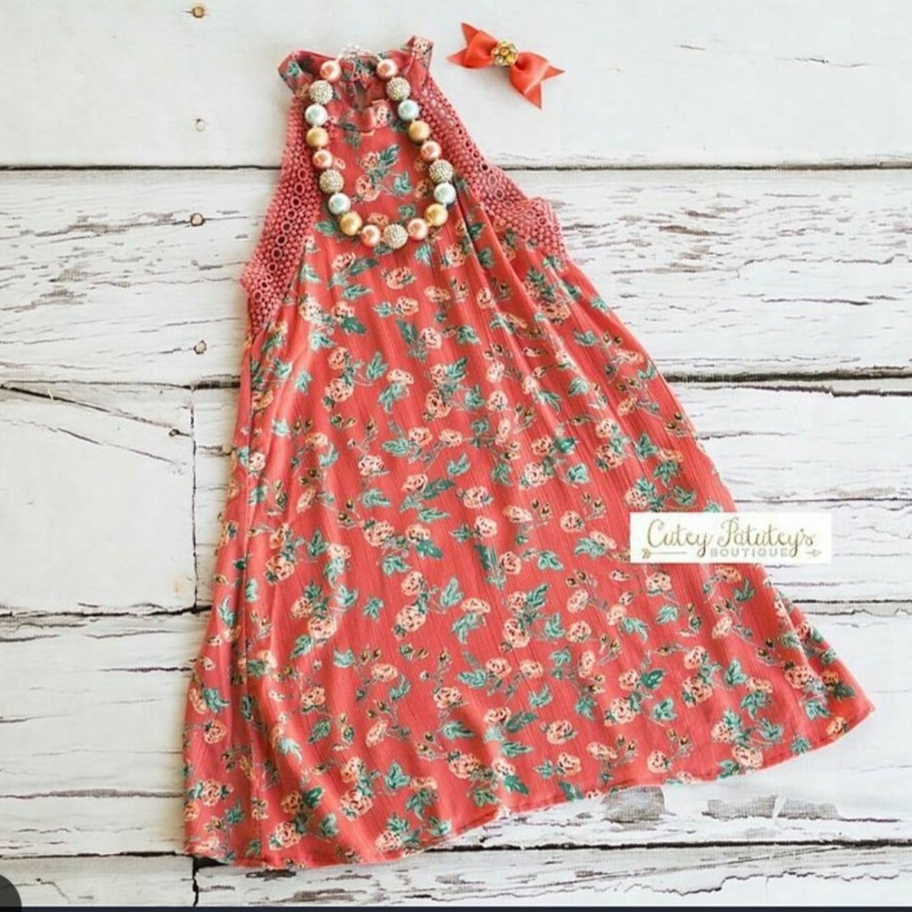 Angie Girls 11/12 Floral Sleeveless Dress Coral Pink Boho Crochet Trim
